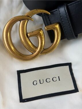 Gucci Black Leather Belt with Gold Double G Buckle